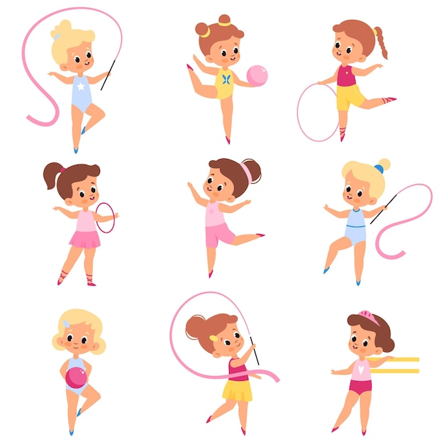 girls gymnastics little athletes in different poses kids make aerobics and sports young artists with accessories training ribbon ball and hoops child competition vector cartoon isolated set