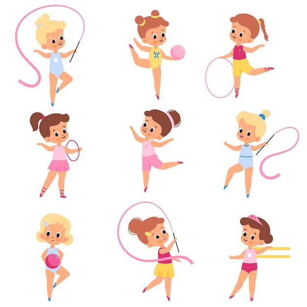 ベクトル 女の子の体操さまざまなポーズの小さな運動選手子供たちはエアロビクスを作り、アクセサリー トレーニング リボン ボールとフープを持つ若いアーティストをスポーツ子供競争ベクトル漫画分離セット