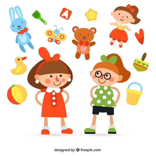 Girls illustration and toys