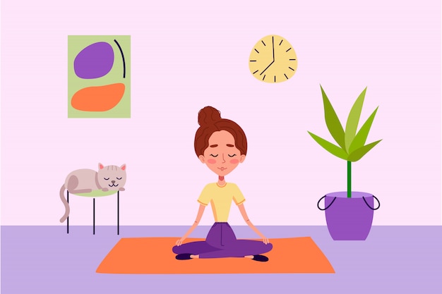 Girls is keeping calm and doing yoga near cat and plant on yoga carpet. Woman is meditating and taking care for herself. Illustration