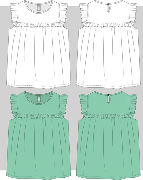 Girls kids dress with ruffles flat sketch