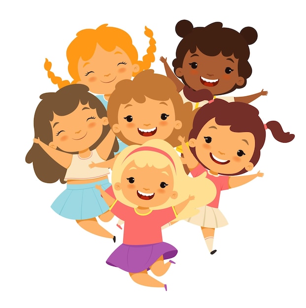 Girls kids groep Happy children meisje studio diverse kleuterschool vrouwelijke kinderen cartoon vector illustratie voor verjaardag collage