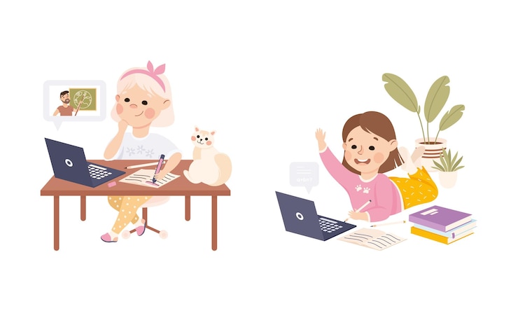 Vector 노트북 컴퓨터 세트를 사용하여 온라인으로 배우는 소녀들 원격 학습 가정 교육 학교 아이들 만화 터 일러스트레이션