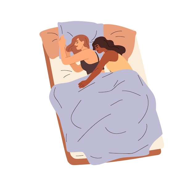 Девушки любят, когда пара вместе спит в постели. Лесбиянки лежат, мечтают под одеялом, обнимаются. Люди одного пола, подруги спят. Плоская графическая векторная иллюстрация на белом фоне