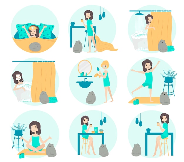 Set di routine mattutina per ragazze. dormire, lavarsi, cura del corpo, fitness, yoga, caffè, colazione.