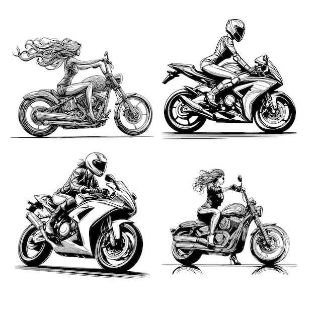 girls on a motorcycle line art vector clipart