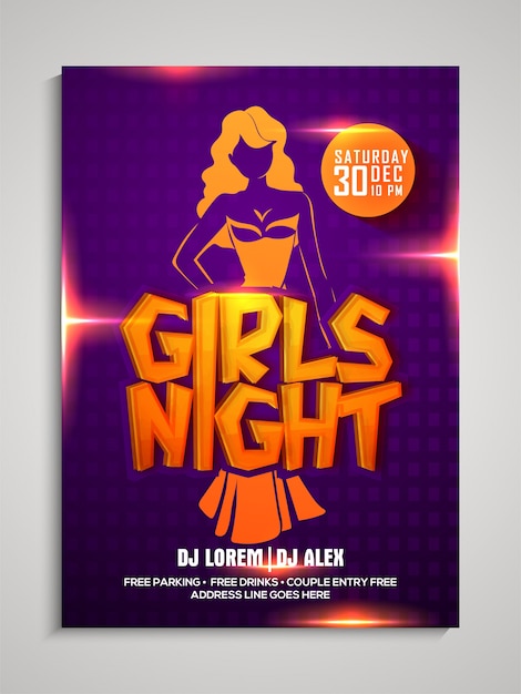 Vector girls night party template, dance party flyer, night party banner or club invitation presentation with details.
