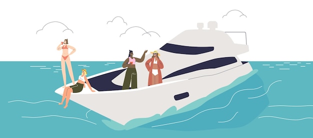 girls party at luxury yacht in ocean group of young women enjoy summertime rest at open sea