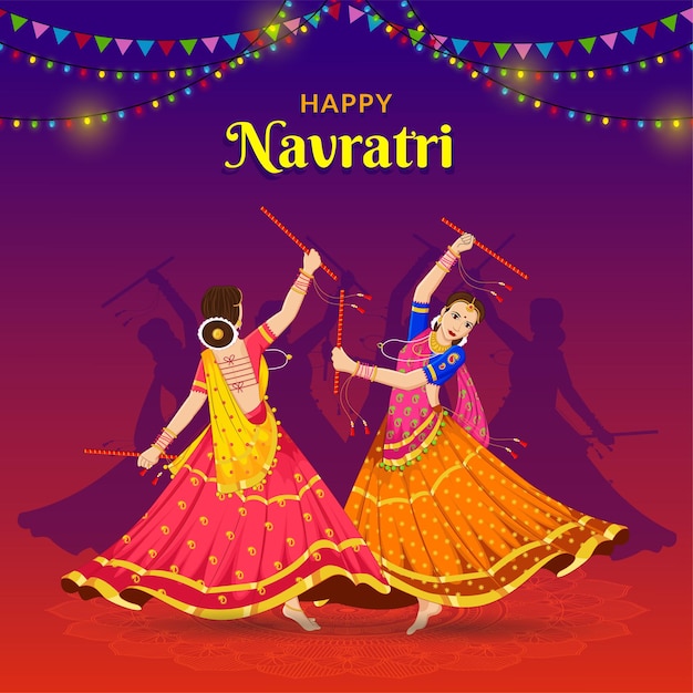 Navratri Happy Durga Puja Navratri 및 Dussehra Banner에서 Dandiya를 연주하는 소녀들