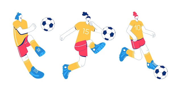 Girls playing football. set of flat characters illustration