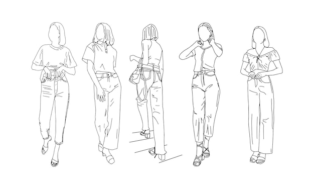 Vector girls posing in a collection of summer clothes. linear style. vector illustration.