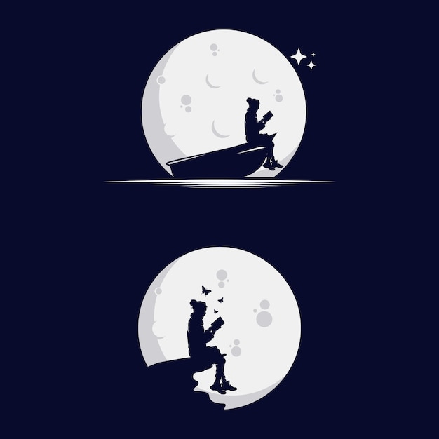 girls reading book silhouette with moon