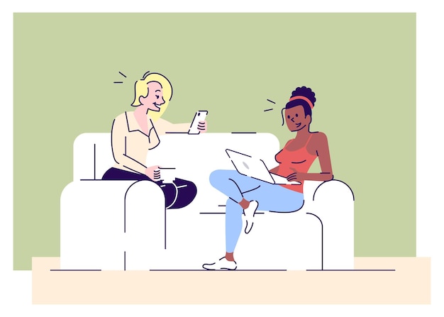 Vector girls relax with gadgets flat vector illustrations. female friends, roommates discussing social media posts updates. women gossiping cartoon characters with outline elements on green background