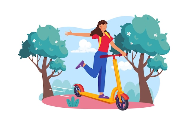 Girls riding a kick scooter Illustration concept on white background