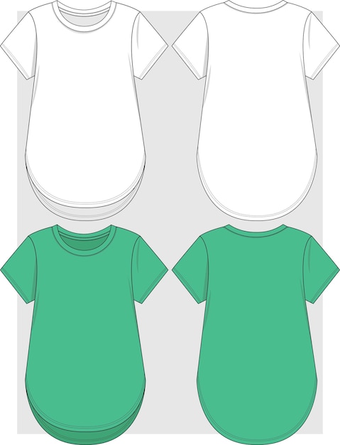 Girls round neck t shirt with high and low flat sketch