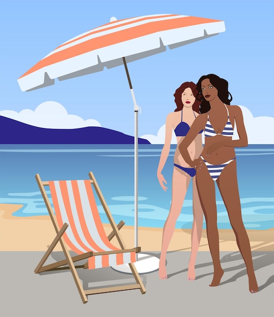 Vector girls on the seashore under an umbrella near a sun lounger vector