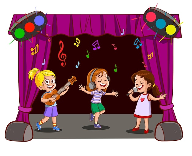 Девушки поют, танцуют и играют на гитаре на сцене. векторная иллюстрация
