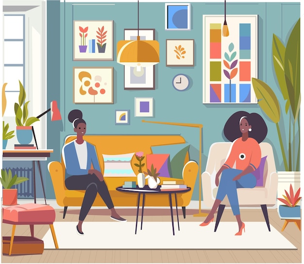 Vector girls sitting in interior room flat illustration