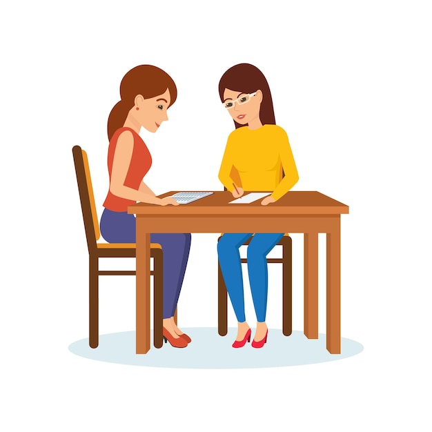 Girls sitting at table decide working moments discuss exchange materials