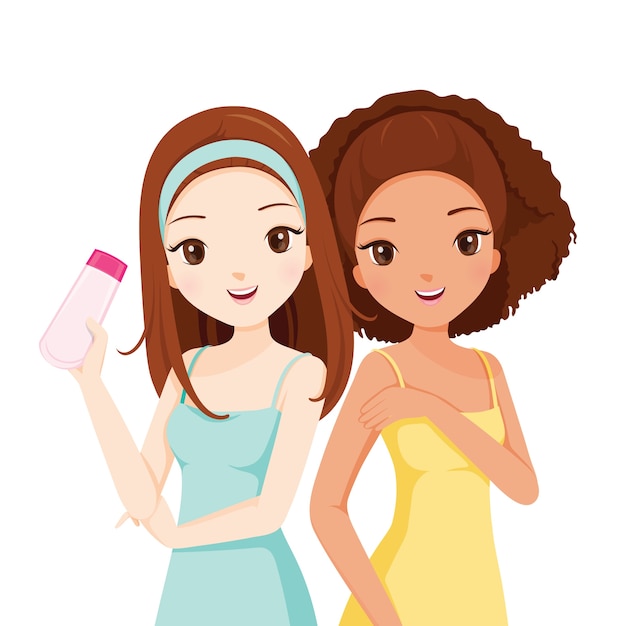 Vector girls smiling and holding beauty packaging for body care