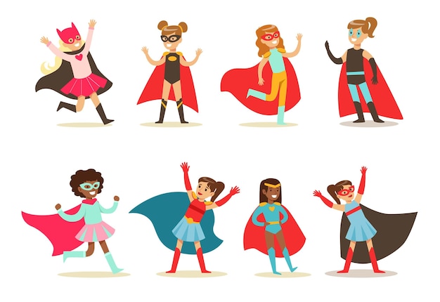 Vector girls in superhero costume set pretty little super girls vector illustrations on a white background