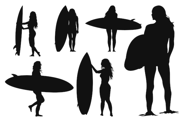 Vector girls surfer silhouette vector set collection