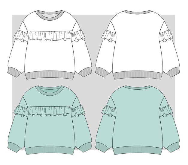 Girls sweat shirt with ruffles on sleeve flat sketch