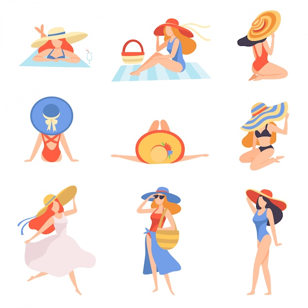 Ragazze in costume da bagno e cappelli, prendere il sole sulla spiaggia, vista posteriore, bella giovane donna godendo le vacanze estive in riva al mare illustrazione