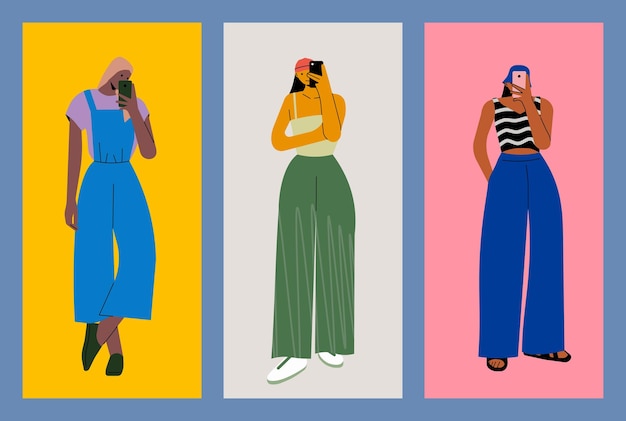 girls take a selfie. different clothing. fashionable ladies. hand drawn. vector illustration