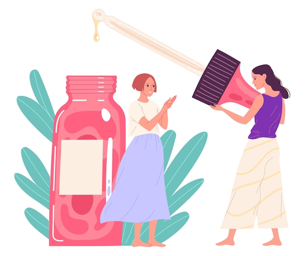 Le ragazze usano l'olio cosmetico per il viso. illustrazione vettoriale.