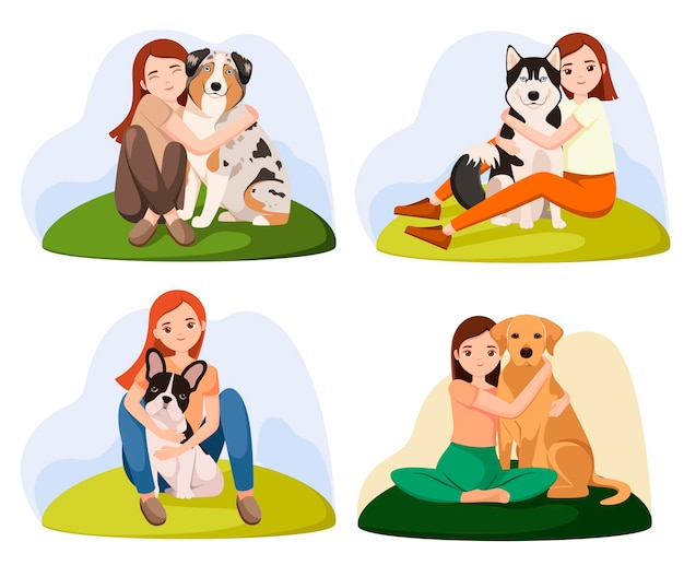 girls on a walk with dogs set illustration cartoon design