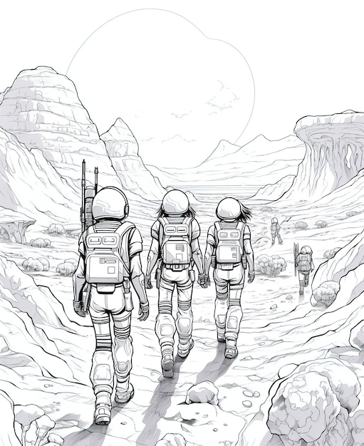 girls walking on Mars with space helmets Best Hand Draw Colorful Book EPS