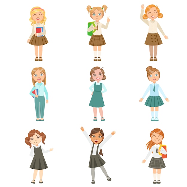 Girls wearing an assortment of classy school uniforms set