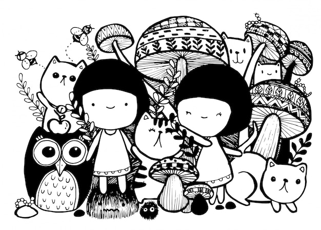 Girls with cats hand drawn style  doodle design illustrations.