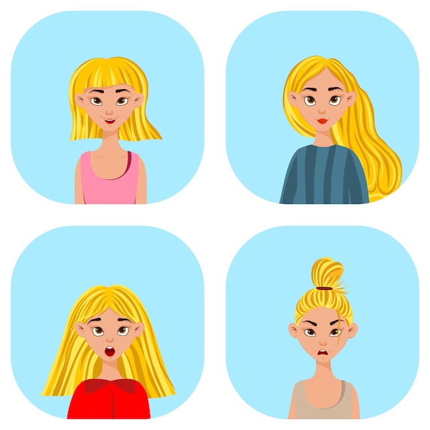 Vettore ragazze con diverse espressioni facciali ed emozioni. stile cartone animato. illustrazione vettoriale.