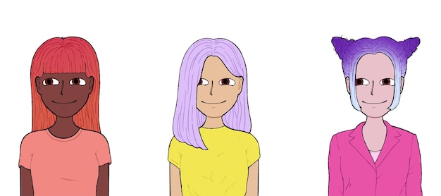 Girls with different hair and different colored clothes doodle line cartoon