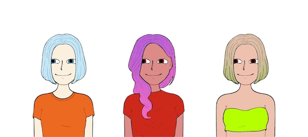 Vettore ragazze con capelli diversi e vestiti di colore diverso doodle linea cartone animato