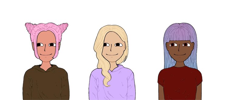 Vector girls with different hair and different colored clothes doodle line cartoon