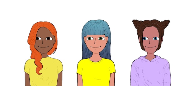 다른 머리와 다른 색깔의 옷을 가진 소녀 낙서 라인 만화