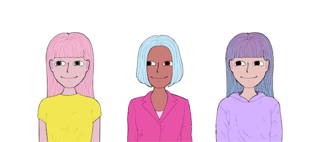 Vettore ragazze con capelli diversi e vestiti di colore diverso doodle linea cartone animato