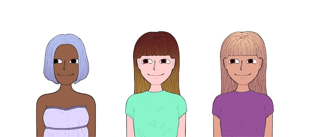 Ragazze con capelli diversi e vestiti di colore diverso doodle linea cartone animato