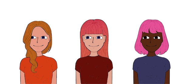 Vector girls with different hair and different colored clothes doodle line cartoon