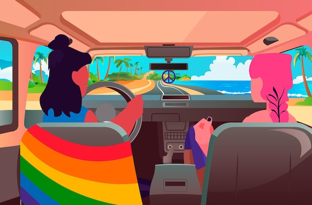 Girls with lgbt rainbow flag inside car enjoying road trip on summer holiday gay lesbian love parade pride festival transgender love