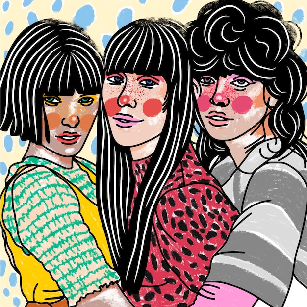 Girls with makeup on a bright background in multicolored clothes pop art