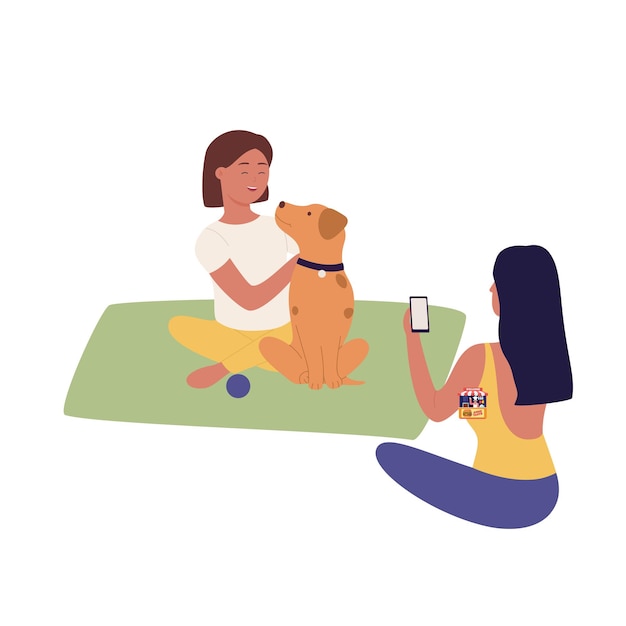 Vector girls with puppy dog taking beautiful photos