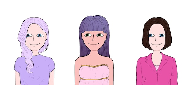 Vector girls with short and long hair cartoon