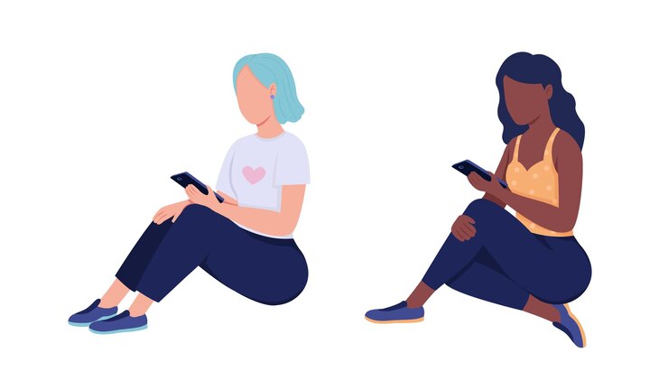 Vector girls with smartphones semi flat color vector characters set