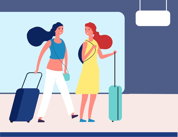 girls with suitcases. young travellers in airport or bus station.