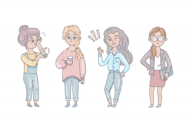 Girls with various clothes style in hand drawn