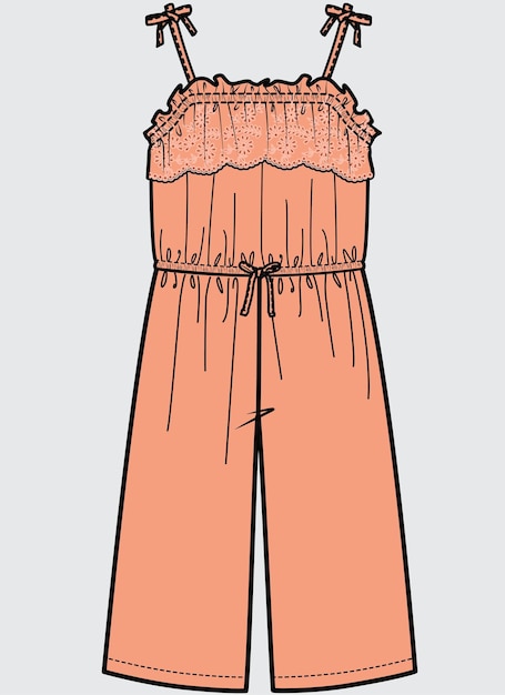 소녀와 여성은 핀포어 드레스 점프슈트 DUNGAREE 벡터 일러스트레이션을 착용합니다.